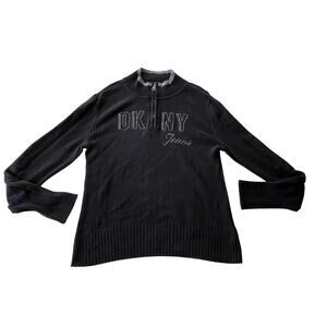 Y2K 2000s DKNY Black Knit Quarter Zip Logo Pullover Sz XL Rhinestone